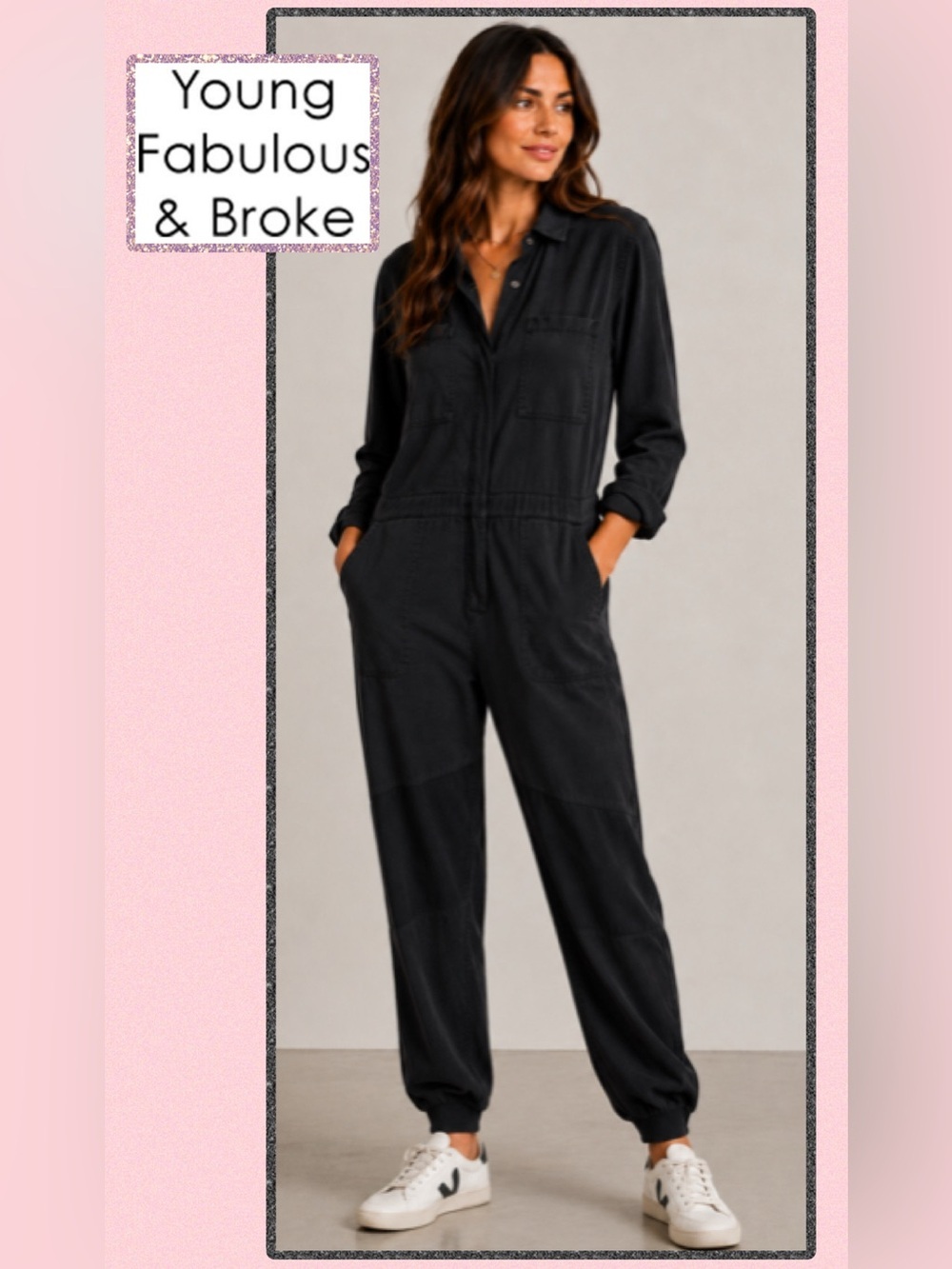 NWT Young Broke & Fabulous Utility Long Sleeve Snap Button Jumpsuit Black Med